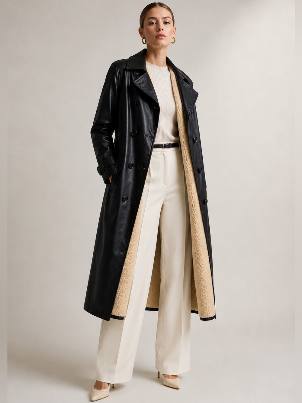 Marc Jacobs Lamb Leather Black Double Breasted Trench Coat Sherpa Long Size S